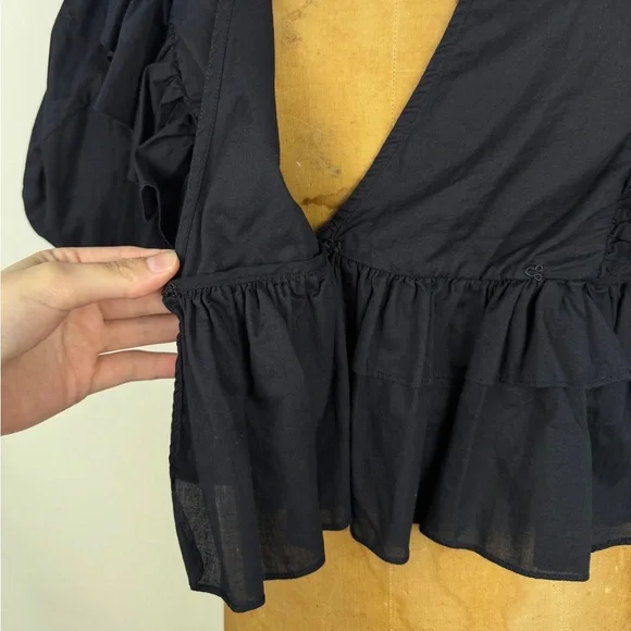 RHODE Eloise Blouse Black Cotton Puff Sleeve Ruffled Top EUC size M - Picture 7 of 10